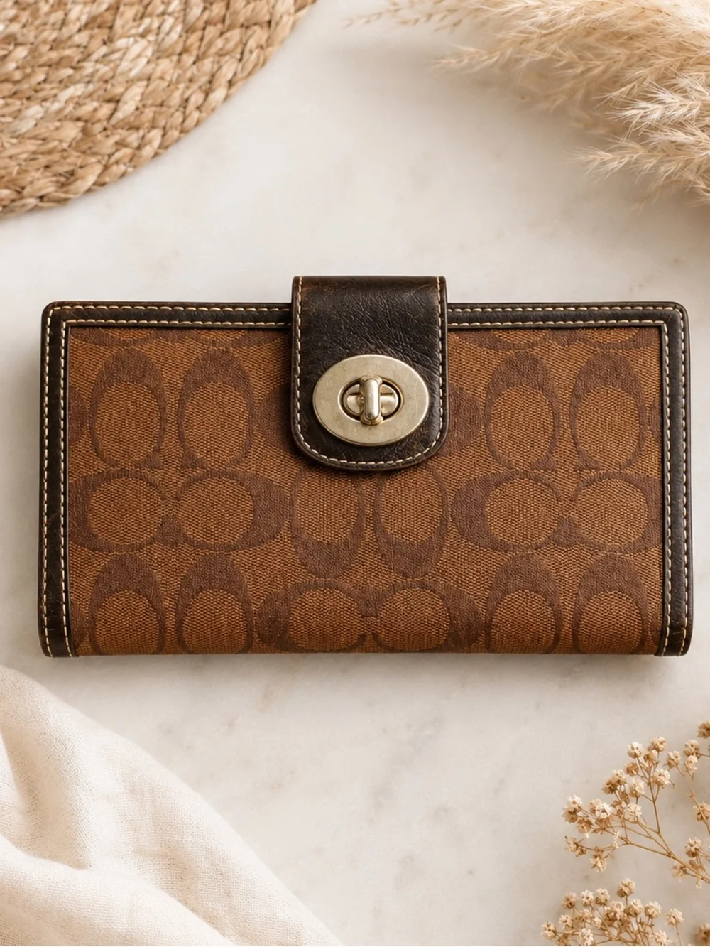 Vintage Coach Signature Brown Canvas Turnlock Wallet Leather Trim